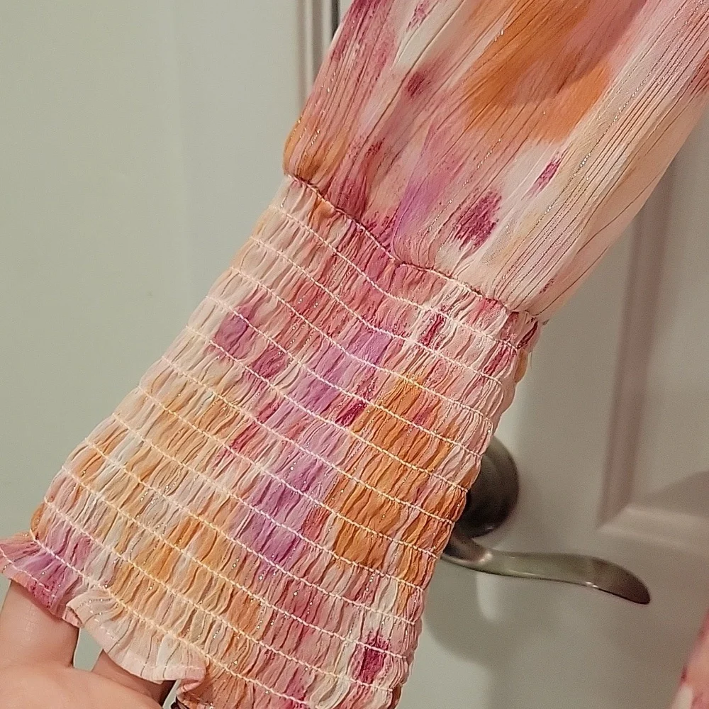 Aqua Pink and Orange Ruffled Tiered Long Sleeve Dress - Picture 5 of 10